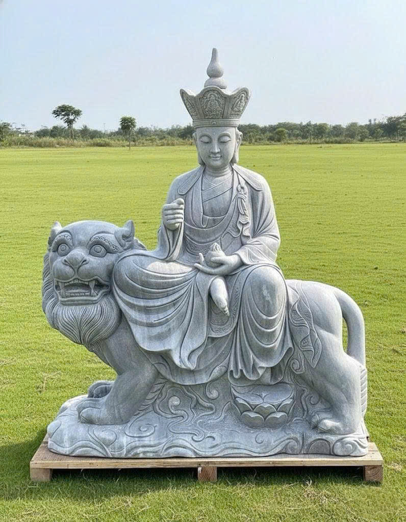 Tượng Địa Tạng Vương Bồ Tát cưỡi Đề Thính Đá Trắng xanh Nguyên Khối cao 1.5m T3760