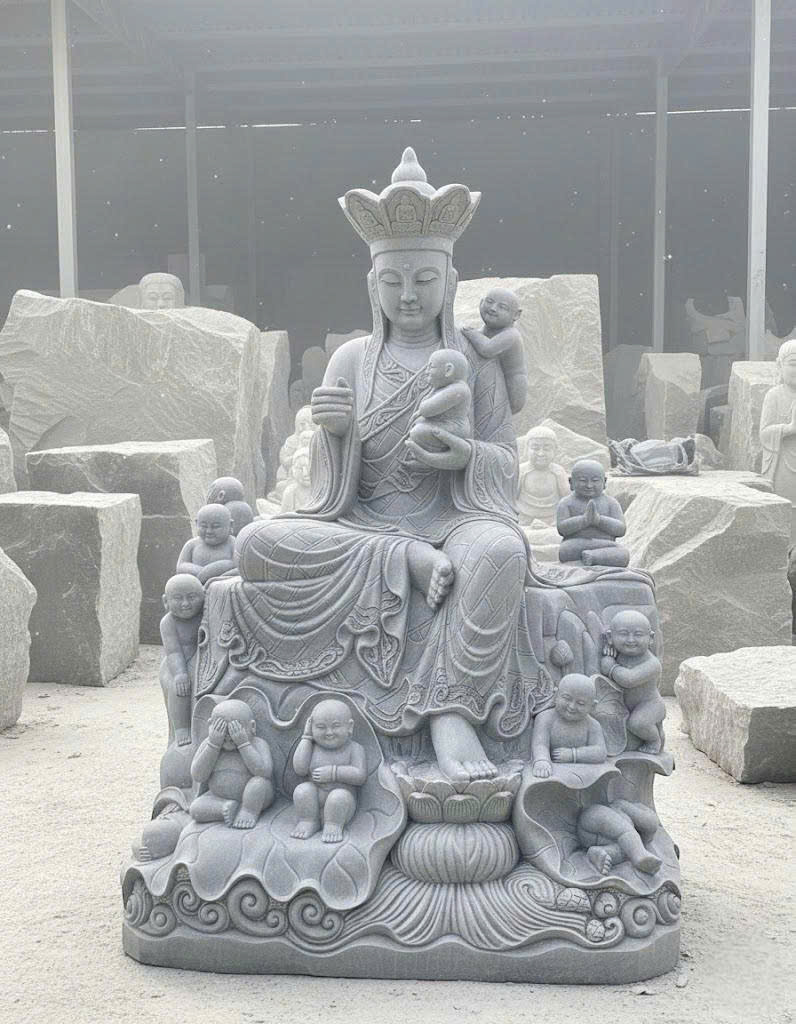 Tượng Địa Tạng Vương Bồ Tát bế hài nhi Đá Trắng  xanh Nguyên Khối Cao 2m T3762