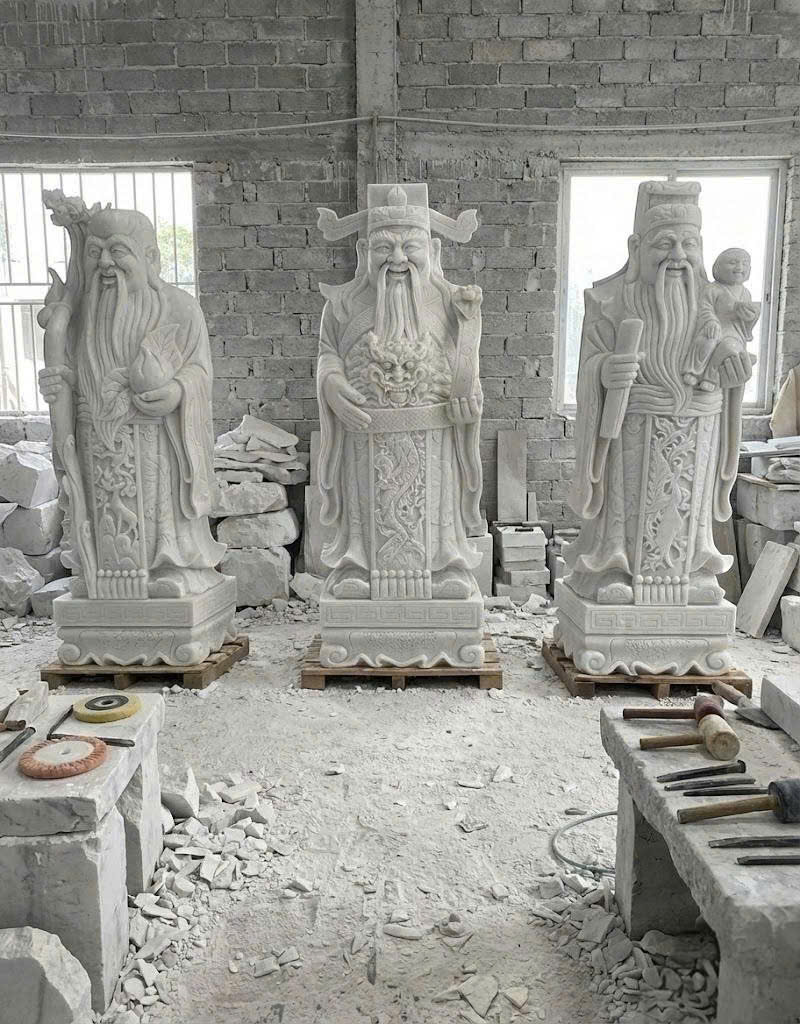 Tượng phúc lộc thọ đá trắng nguyên khối cao 1.2m T3793