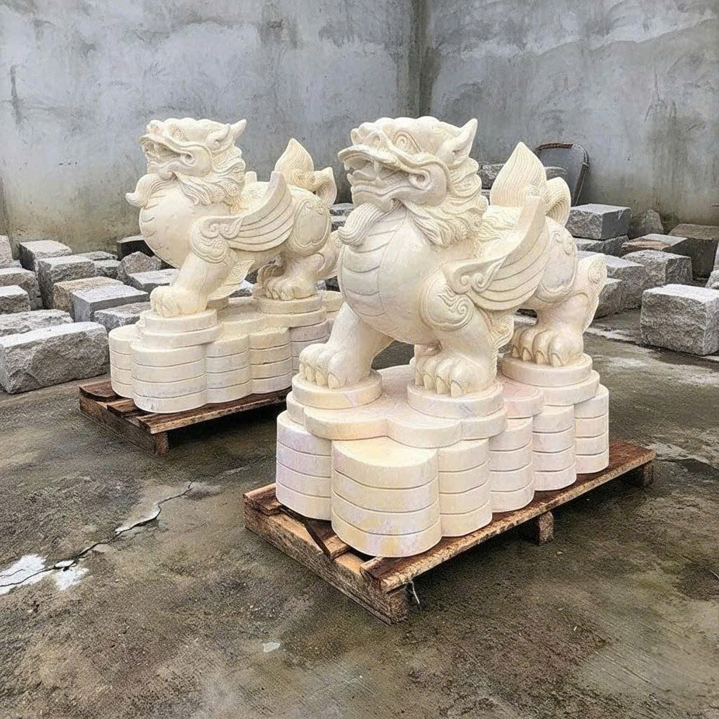  Cặp tượng kỳ lân đá vân gỗ nguyên khối dài 80cm T3795