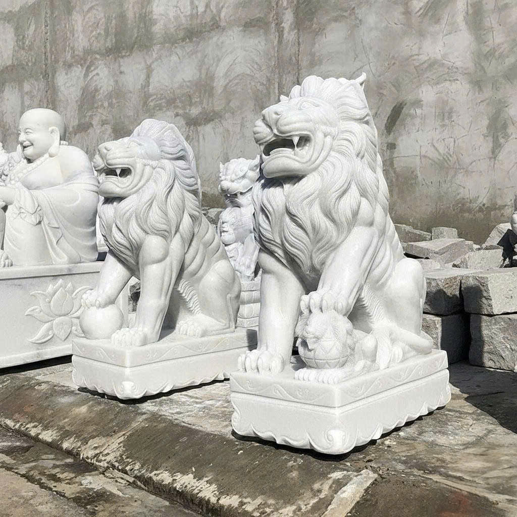 Cặp tượng sư tử đá trắng nguyên khối cao 1.2m T3796