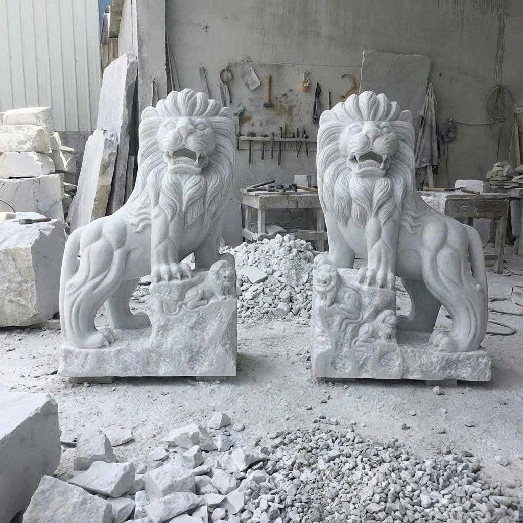 Cặp sư tử đá trắng nguyên khối cao 2m T3797