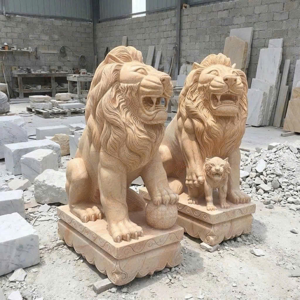 Cặp sư tử đá vân gỗ nguyên khối cao 1.2m T3800