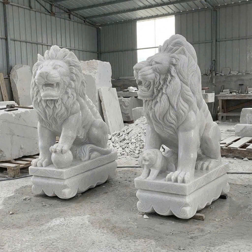 Cặp sư tử đá trắng nguyên khối cao 1m T3802