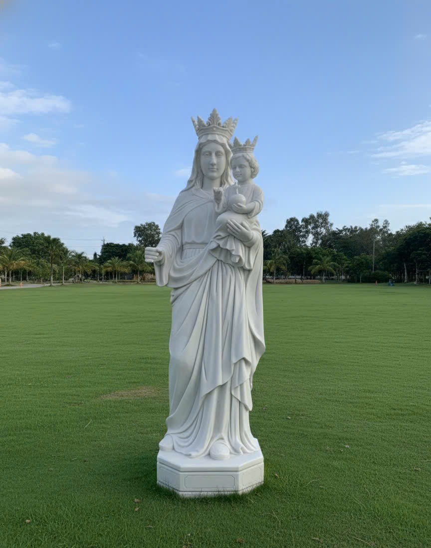 Tượng Đức Mẹ Hằng Cứu Giúp bồng chúa cao 2.5m đá trắng nguyên khối T3745