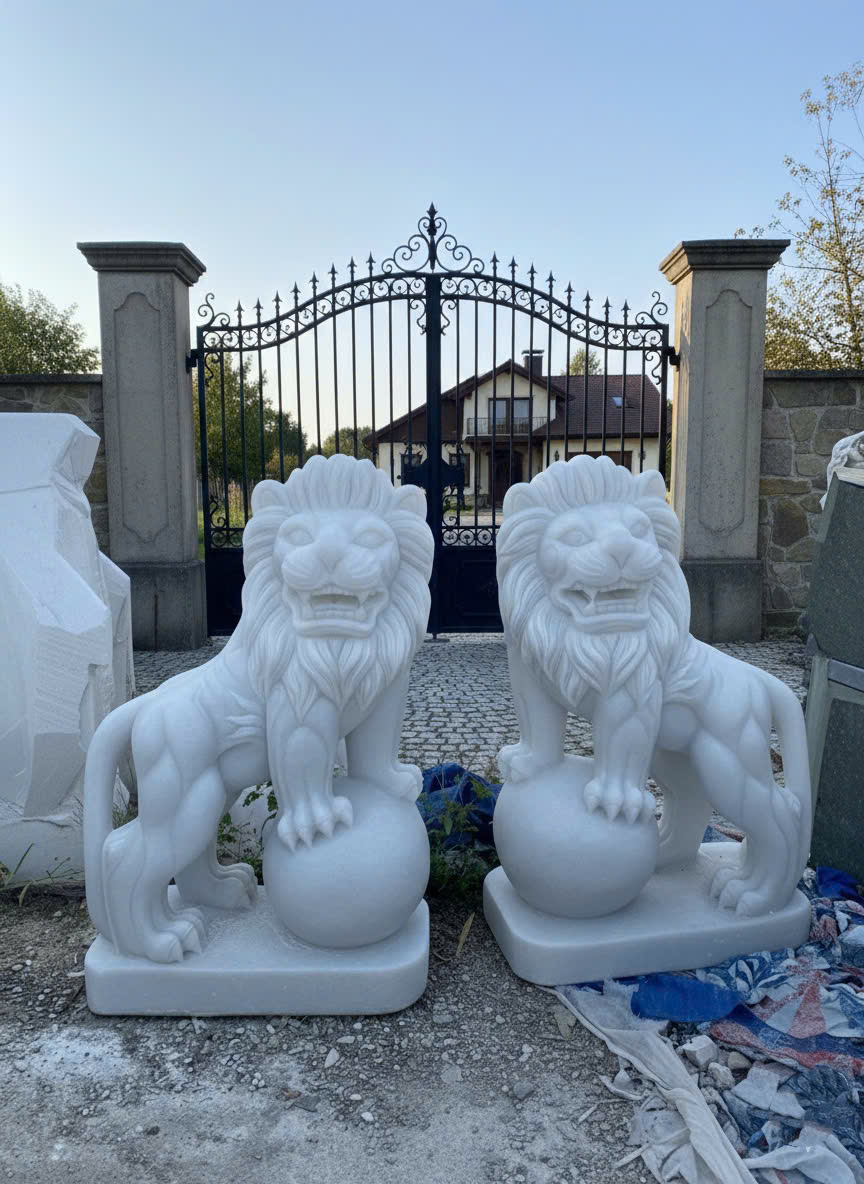 Cặp sư tử điêu khắc đá trắng thiên nhiên cao 1m2 T3751.