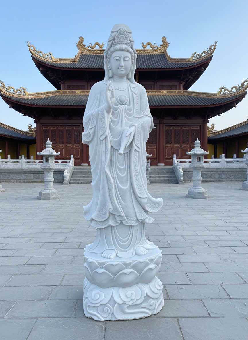 Tượng quan âm đá trắng nguyên khối cao 2m5 T3749