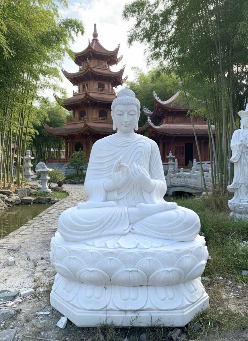 Tượng phật thích ca đá trắng nguyên khối cao 2m1 T3748