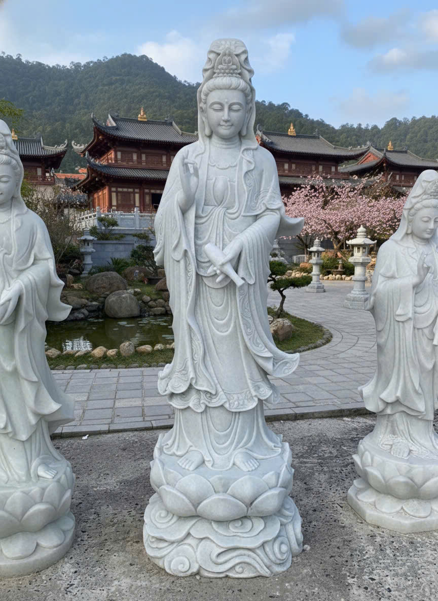 Tượng quan âm đá trắng nguyên khối cao 1m8 T3747