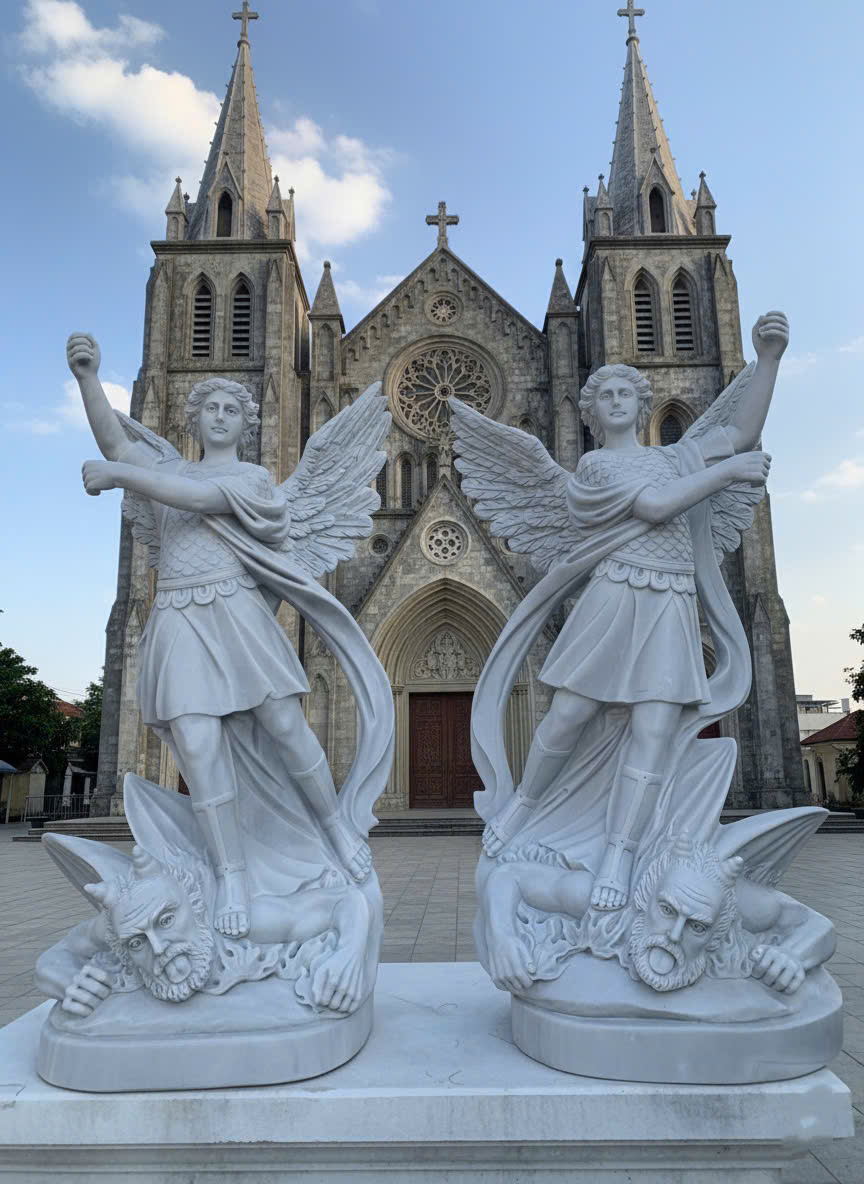 Tượng tổng lãnh thiên thần Micae đá trắng tự nhiên cao 1m5 T3789.