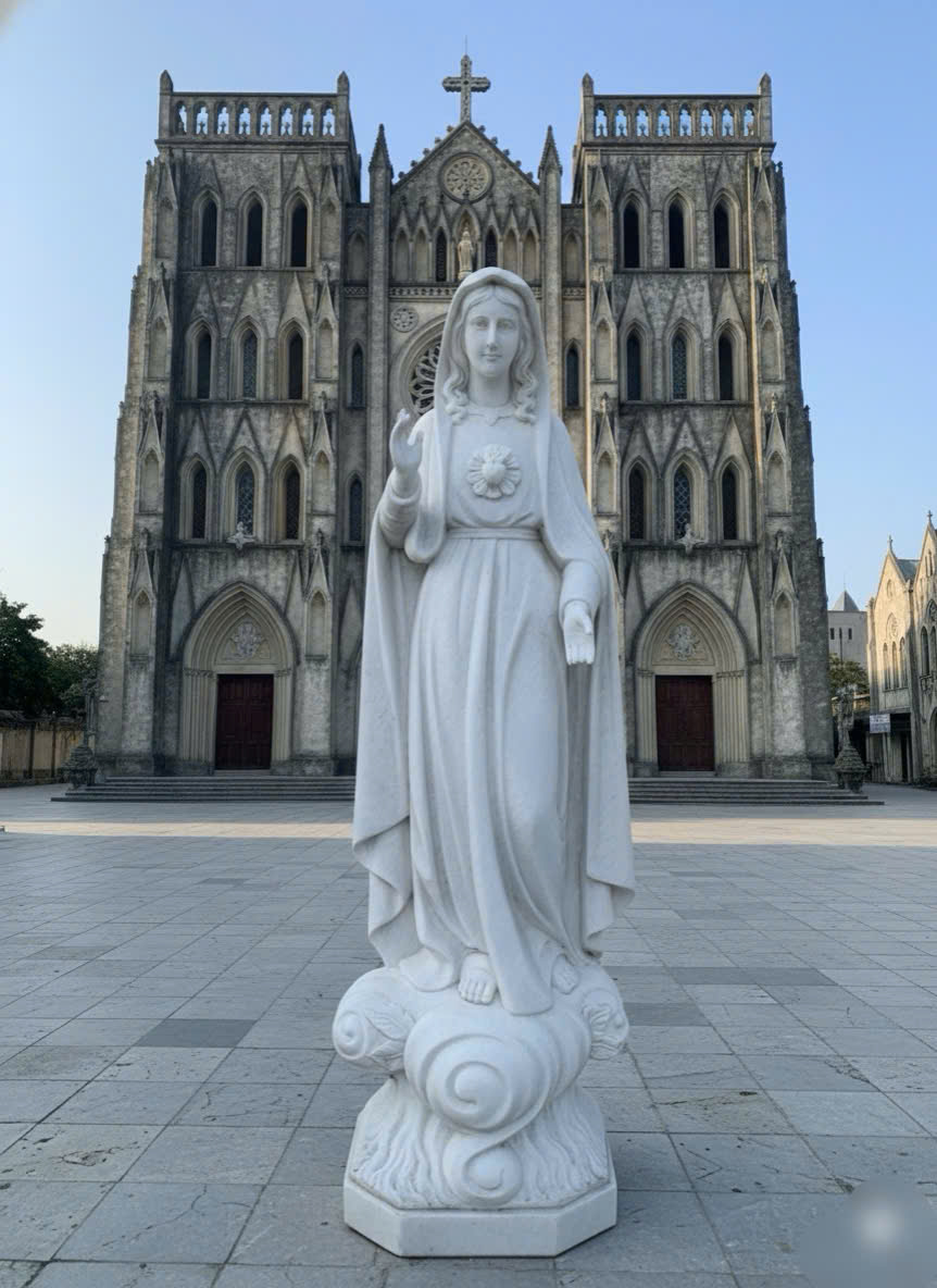 Tượng điêu khắc đức mẹ Fatima đá trắng tự nhiên cao 1m8 T3788