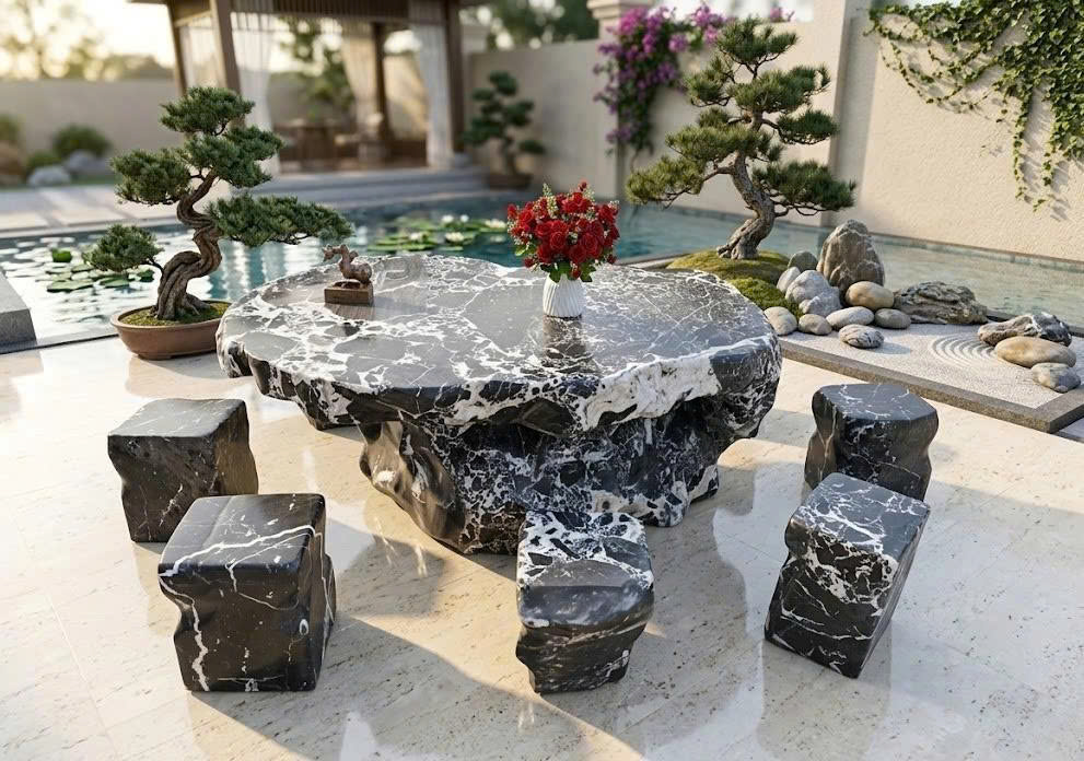 Bộ bàn ghế đá cẩm vân nguyên khối gồm 6 đôn, đk 1.58m T3840