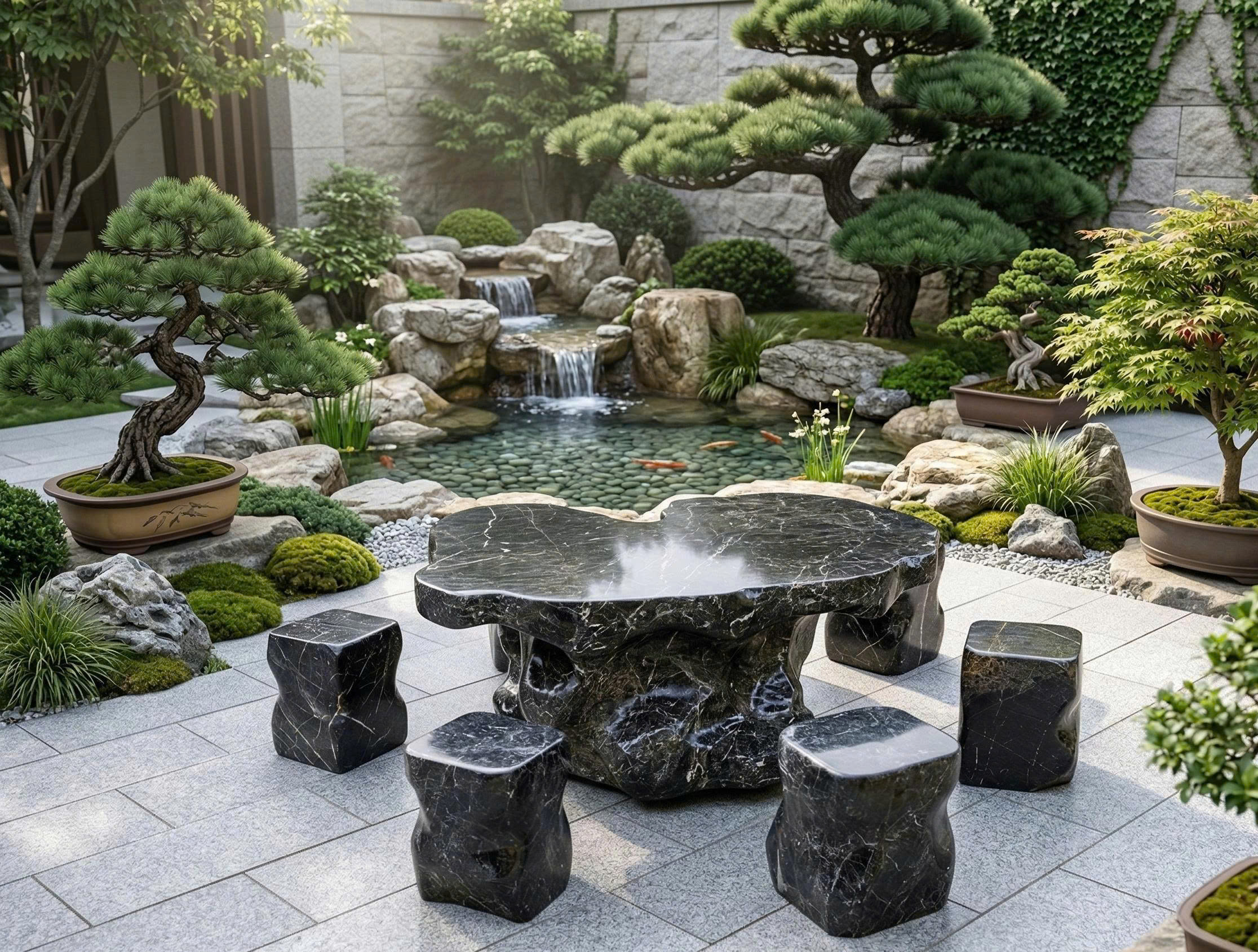 Bộ bàn ghế đá cẩm vân gồm 1 bàn và 6 đôn, dk 1.5m T3841