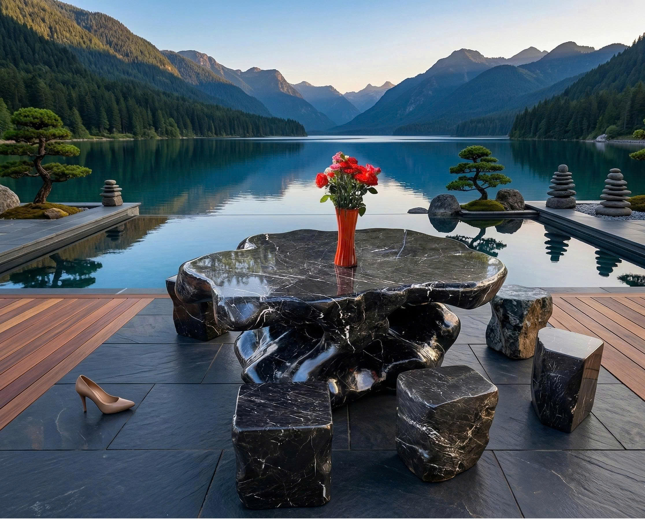 Bộ bàn ghế đá cẩm vân nguyên khối gồm 1 bàn và 6 đôn ghế T3843