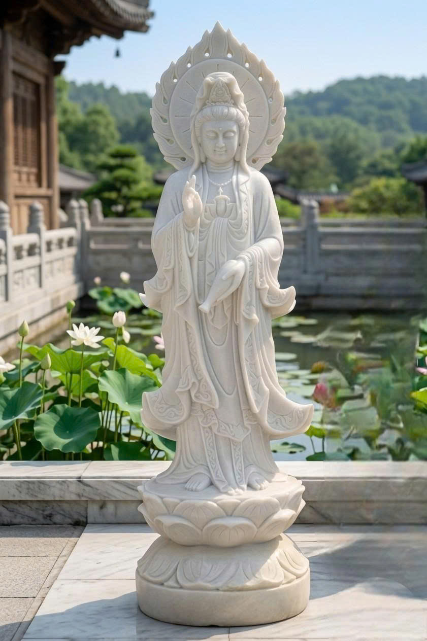 Tượng quan âm đá trắng nguyên khối cao 1m55 T3909