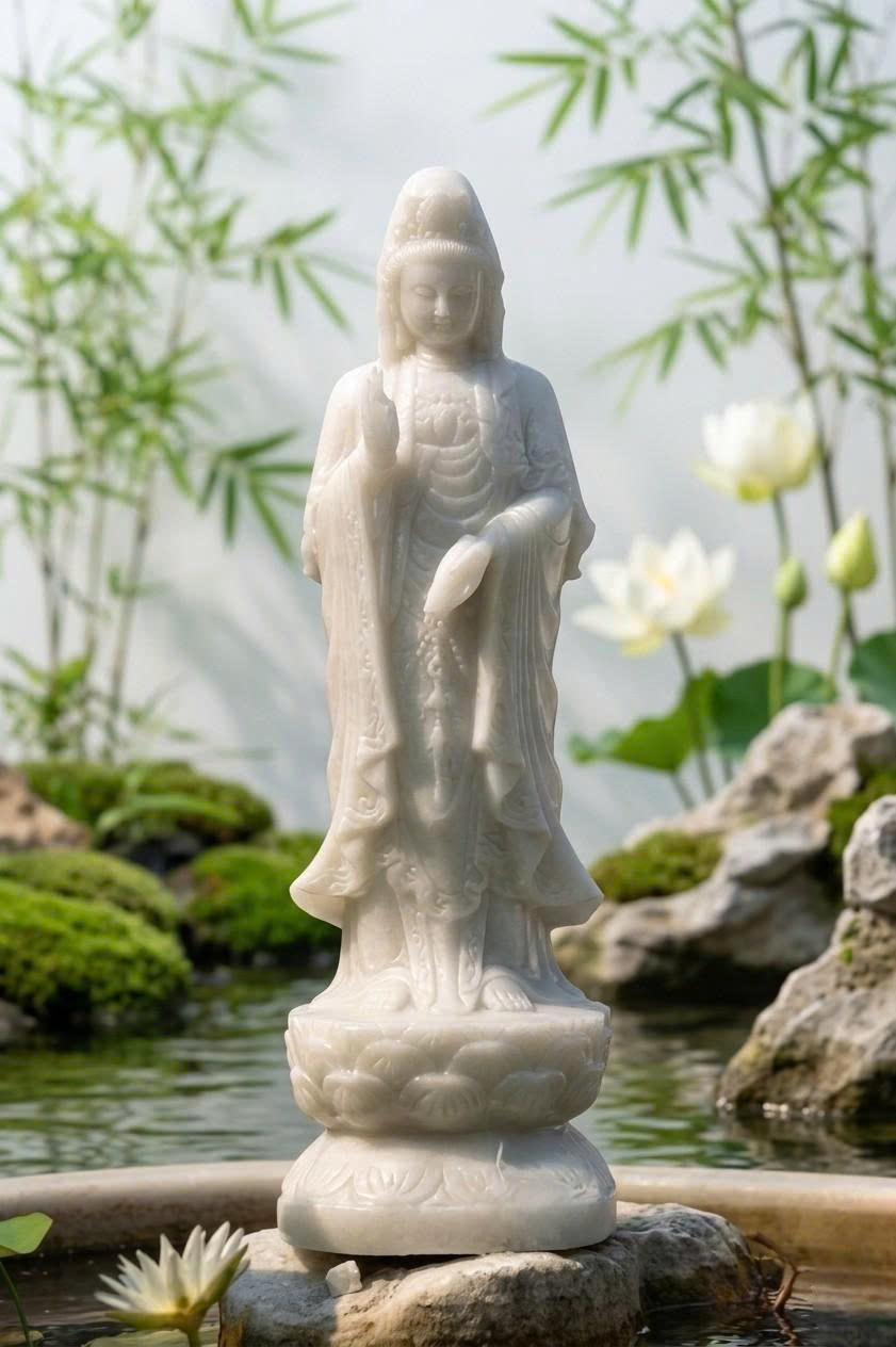 Tượng quan âm đá trắng nguyên khối cao 50cm T3911