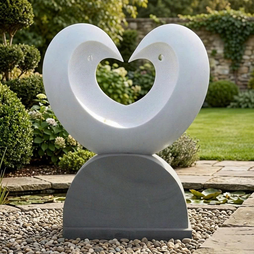 Tượng nghệ thuật đá trắng nguyên khối trái tim đôi cao 2m T3913