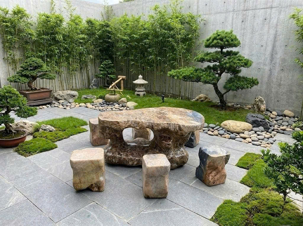 Bộ bàn ghế đá cà rốt tự nhiên gồm 6 đôn kích thước 1.5m x 95cm x 65cm T3859