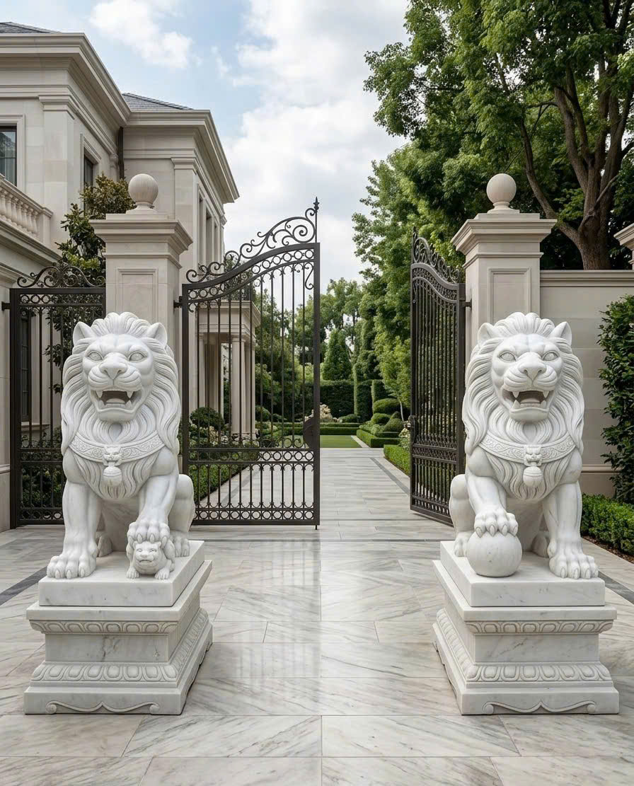 Cặp Sư Tử đá trắng tự nhiên, cao 80cm T3867