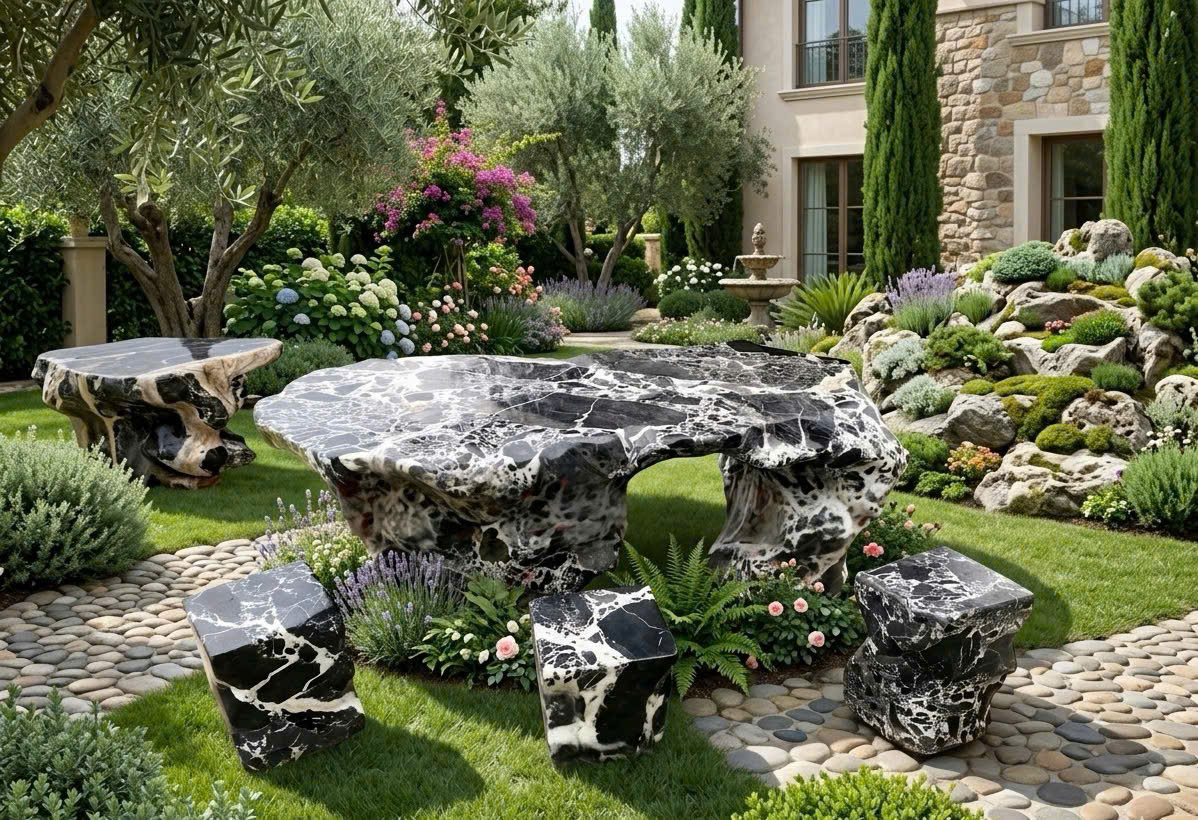 Bộ bàn ghế đá cẩm vân tự nhiên gồm 1 bàn và 6 đôn, kích thước 1.76x80x65  T3868