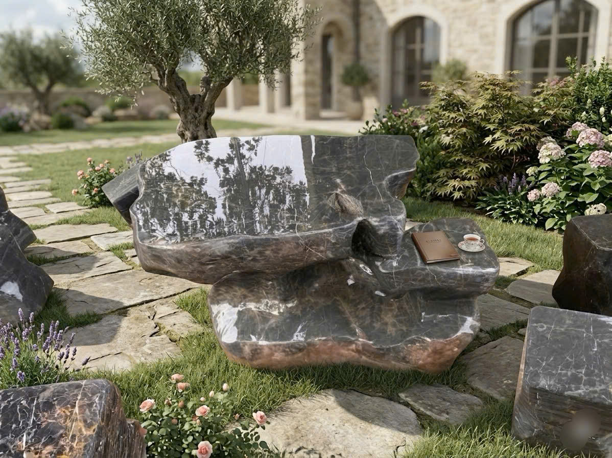 Bộ bàn ghế đá cẩm vân tự nhiên nguyên khối cao cấp (1 bàn, 4 đôn) kích thước 67x65 T3871