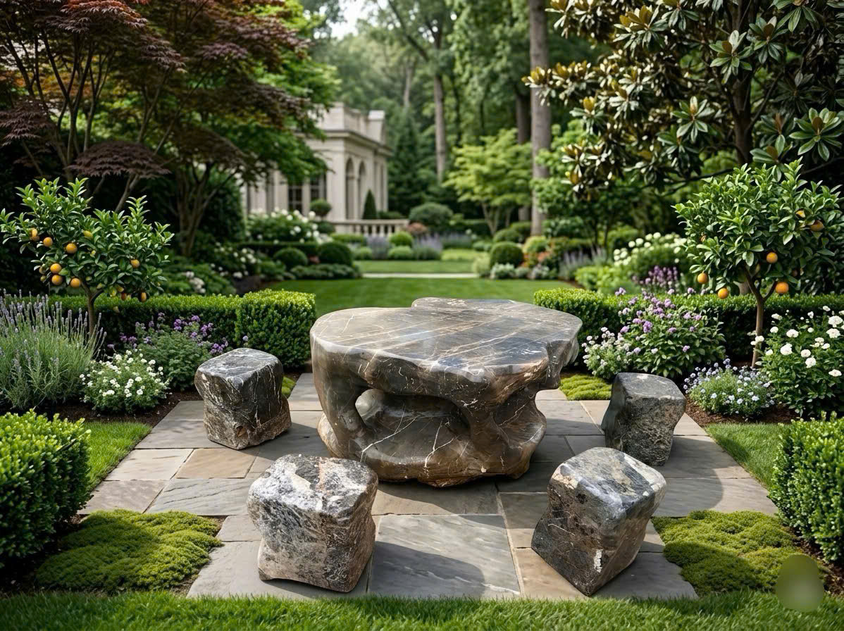 Bộ bàn ghế đá cẩm vân tự nhiên gồm 1 bàn và 4 đôn, kích thước 67cm x 65cm T3870