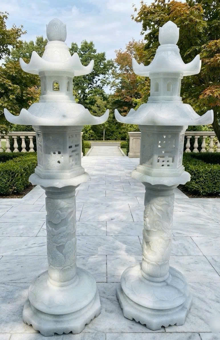 Cặp chân đèn sân vườn đá trắng nguyên khối cao 160cm T3882