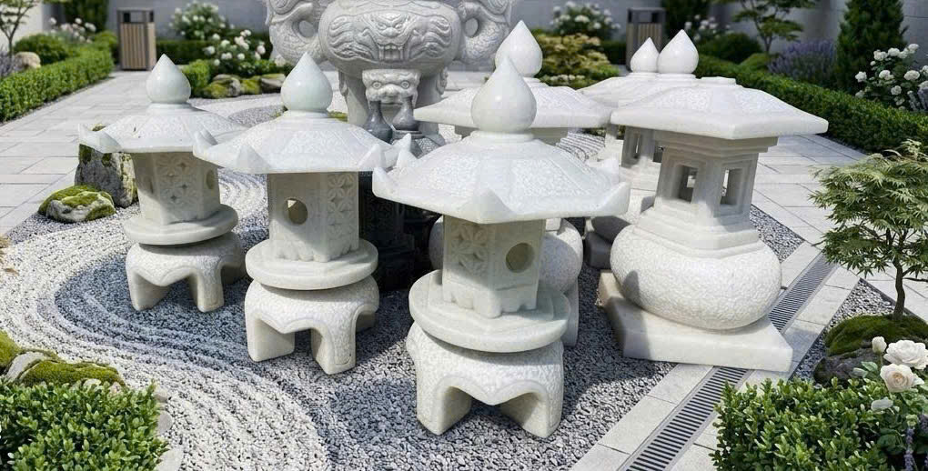 Cặp chân đèn đá trắng nguyên khối cao 45cm T3885