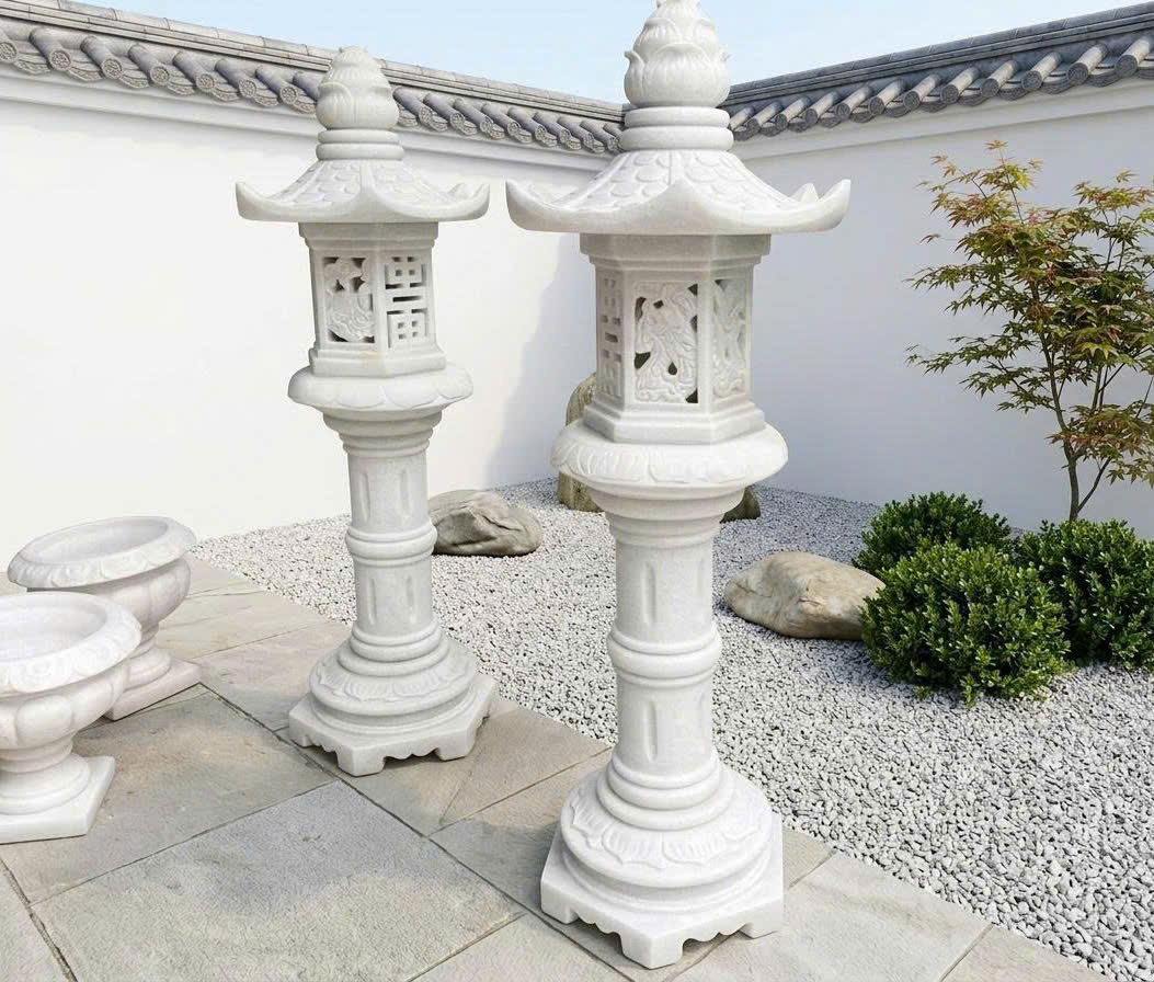 Cặp chân đèn đá trắng nguyên khối cao 110cm T3887